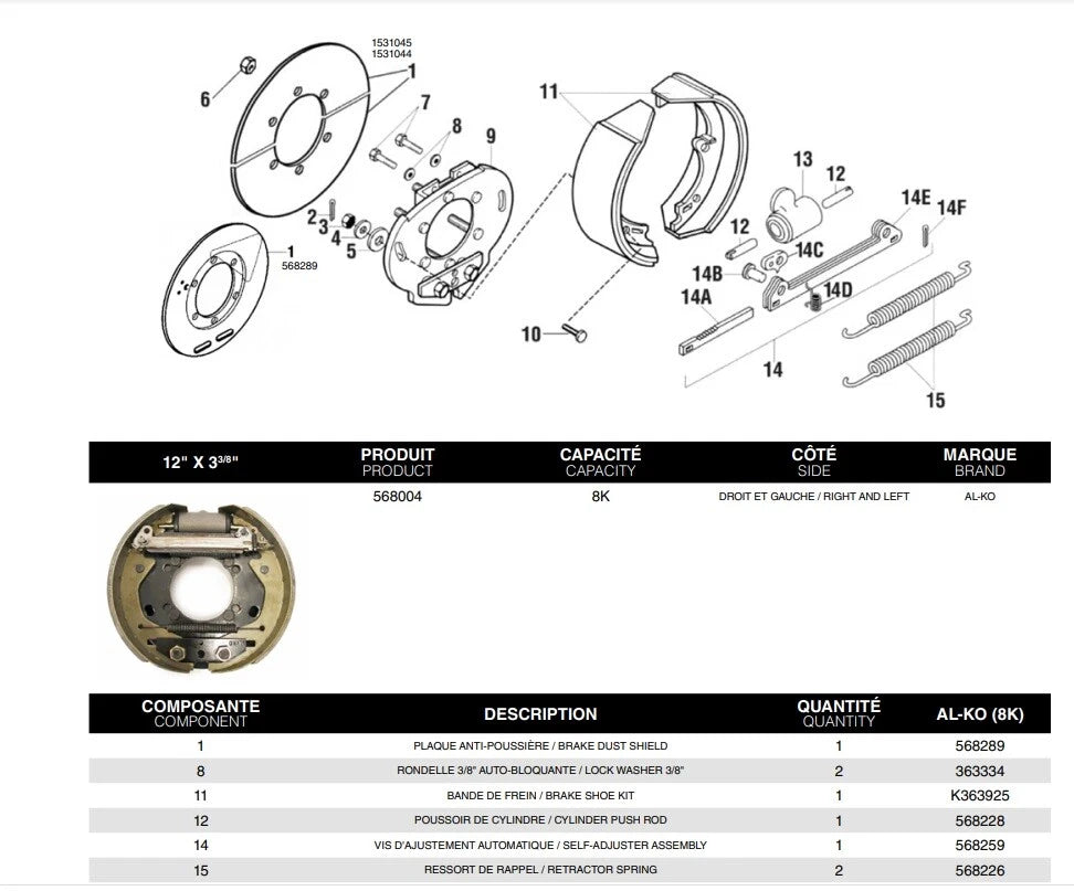 AL-KO 12" x 3-3/8" Hydraulic Trailer Brake Assembly — 8,000 lb Axle - 4 Bolt (023-527-00)