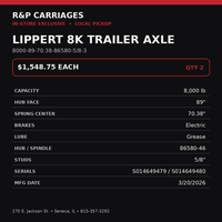 NEW Lippert 8,000 lb Trailer Axle - 89" HF - 70.38" SC - Electric Brake - Grease