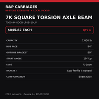 NEW 7,000 lb Square Torsion Axle Beam - 94" HF - 80" OB - 10° Up - U-Lube Inboard Beam Only