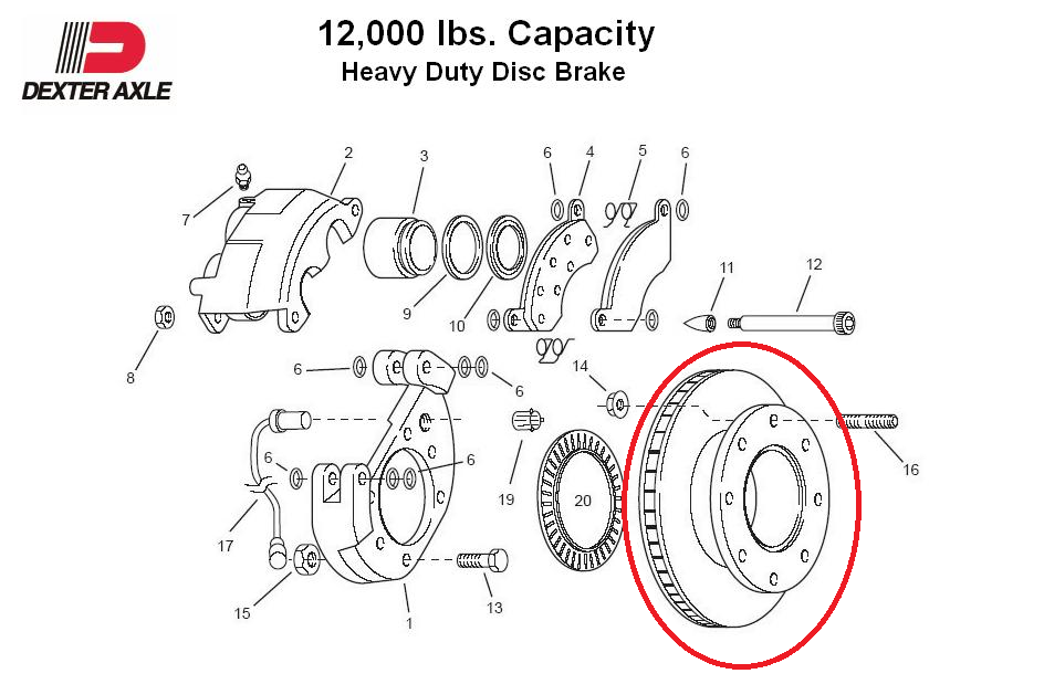 Diagram of a Dexter Axle heavy-duty disc brake with labeled parts and capacity information.