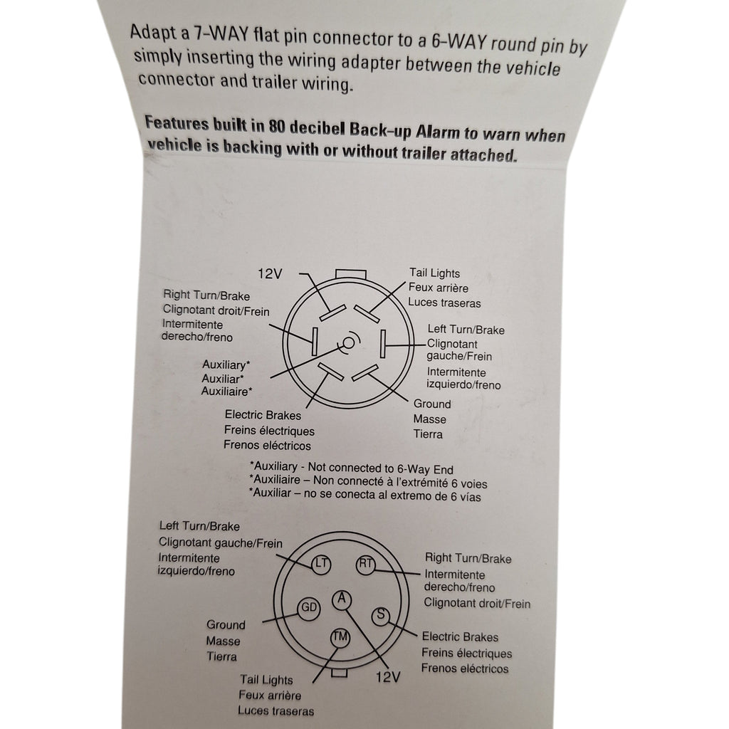 Tow Ready 7-Way Flat Pin to 6-Way Round Adapter w/ 80 dB Backup Alarm (118706)