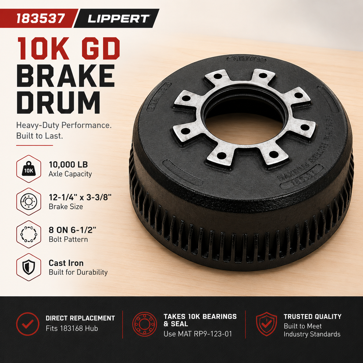 Lippert 10K GD Brake Drum Fits 183168 Hub | Uses 10K Bearings & Seal (183537)