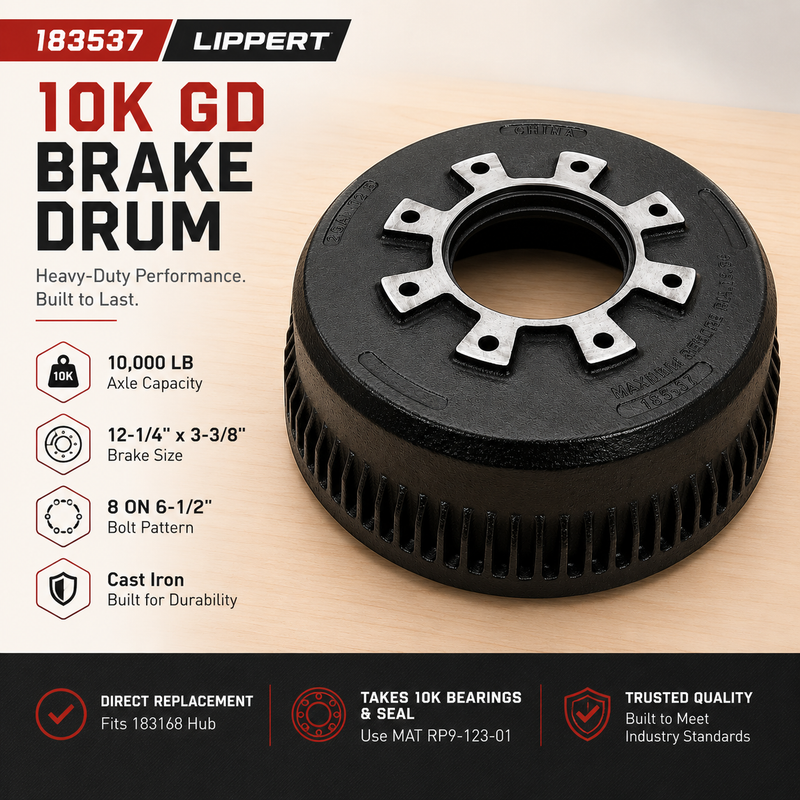 Lippert 10K GD Brake Drum Fits 183168 Hub | Uses 10K Bearings & Seal (183537)
