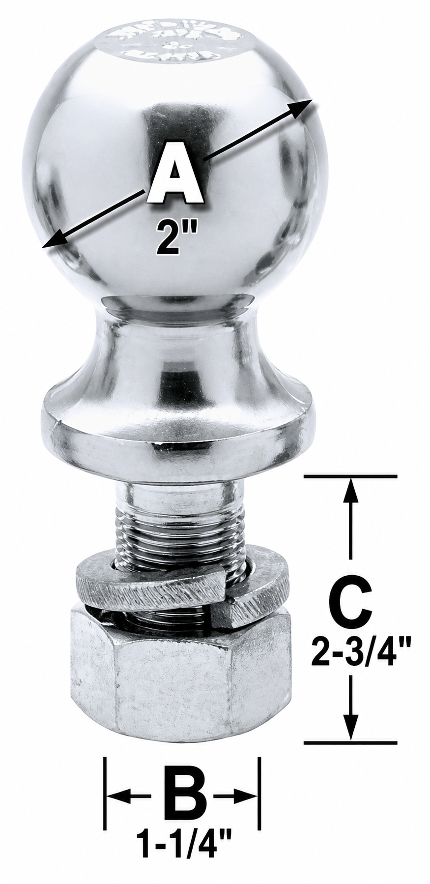2" Chrome Trailer Hitch Ball, 1-1/4" Shank, 2-3/4" Length, 13K Rated (2-114-13C)