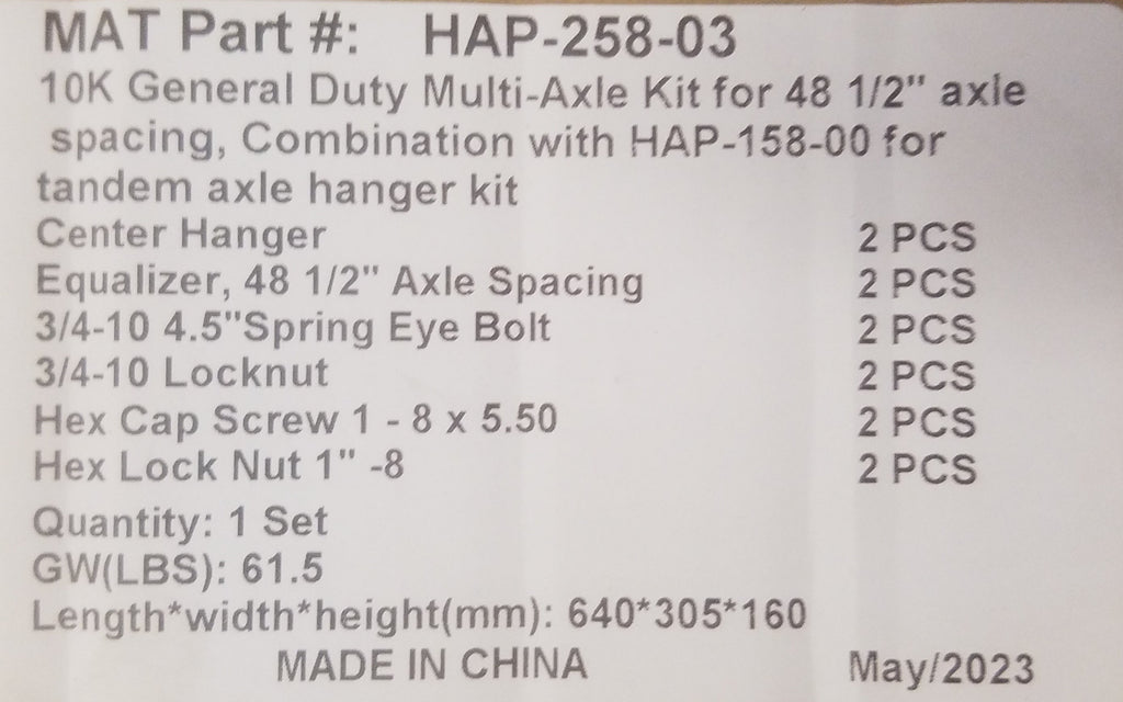 Hanger Kit 10KGD 2-1/2" Spring 24.6 Long Equalizer 013-141-03  Hangers and Bolts - 48.5" Axle Spacing CENTER PARTS ONLY (HAP-258-03)