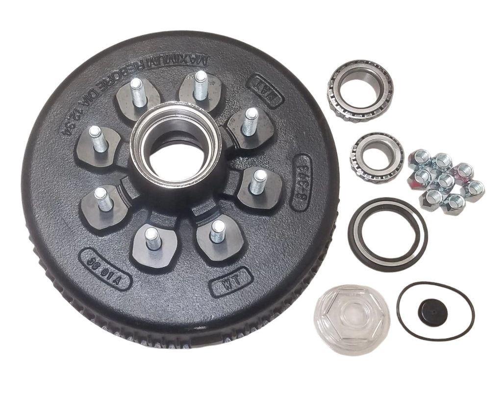 Hub Drum, 7.2K - 8K Narrow, 8 x 6.5, 9/16" Stud, 02475 Bearing, Replaces Dexter 7.2K, 7.5K, D80N, 8-393, With Bearings, Seals, and Oil Caps (99-86580-393-916-KIT)