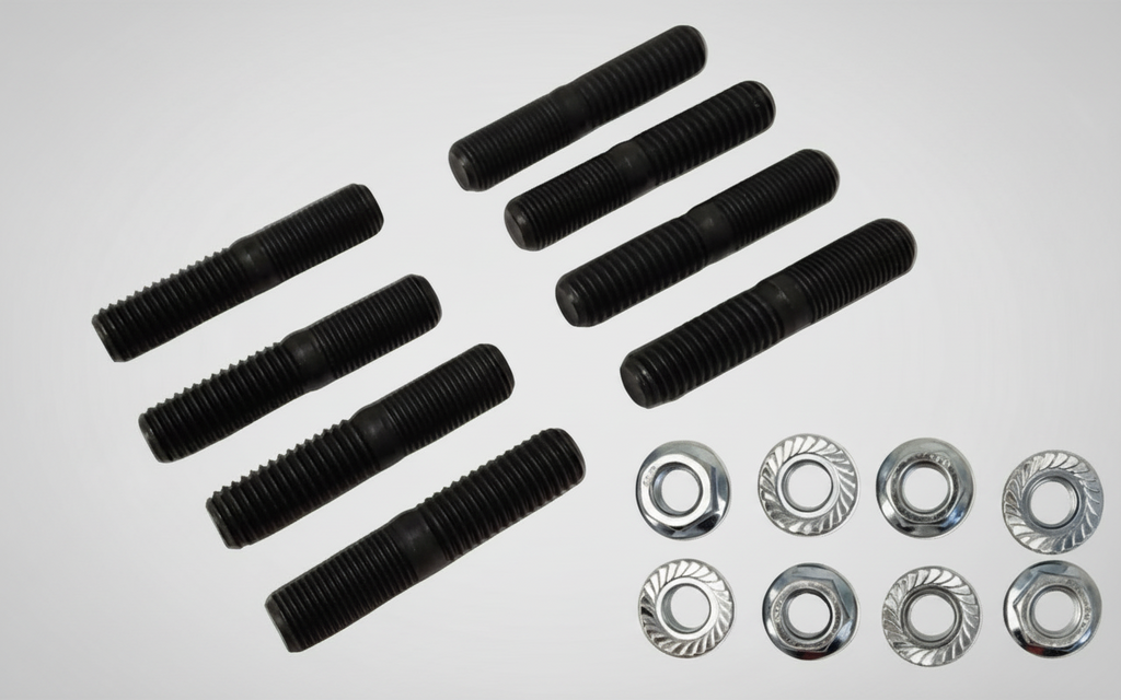 Set of black screws and silver washers on a white background