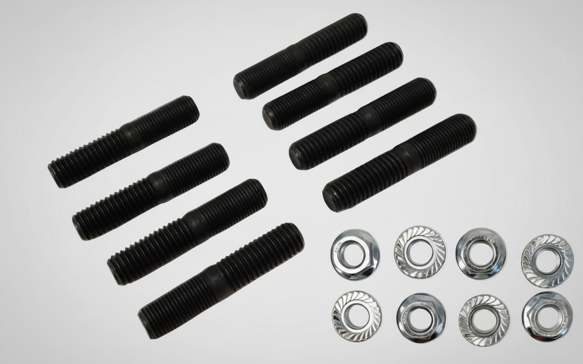 Set of black screws and silver washers on a white background