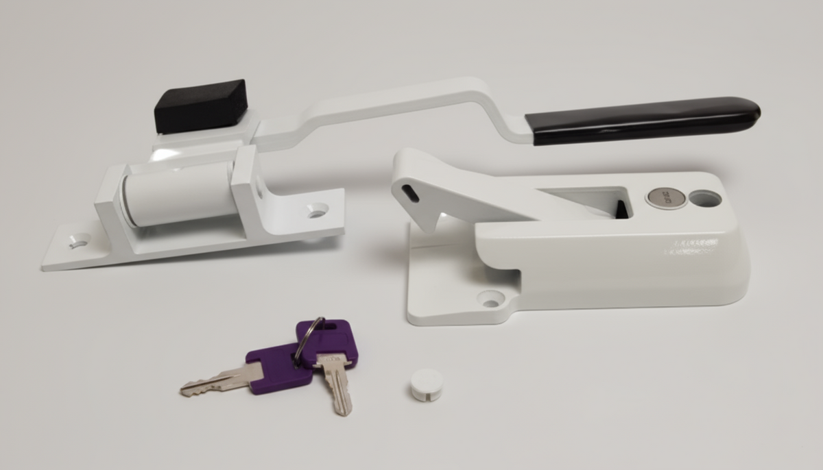 White Swivel Cam Bar Trailer Latch Handle Door Cambar Cargo W/ White Lock (SCB-W2F-WHT)