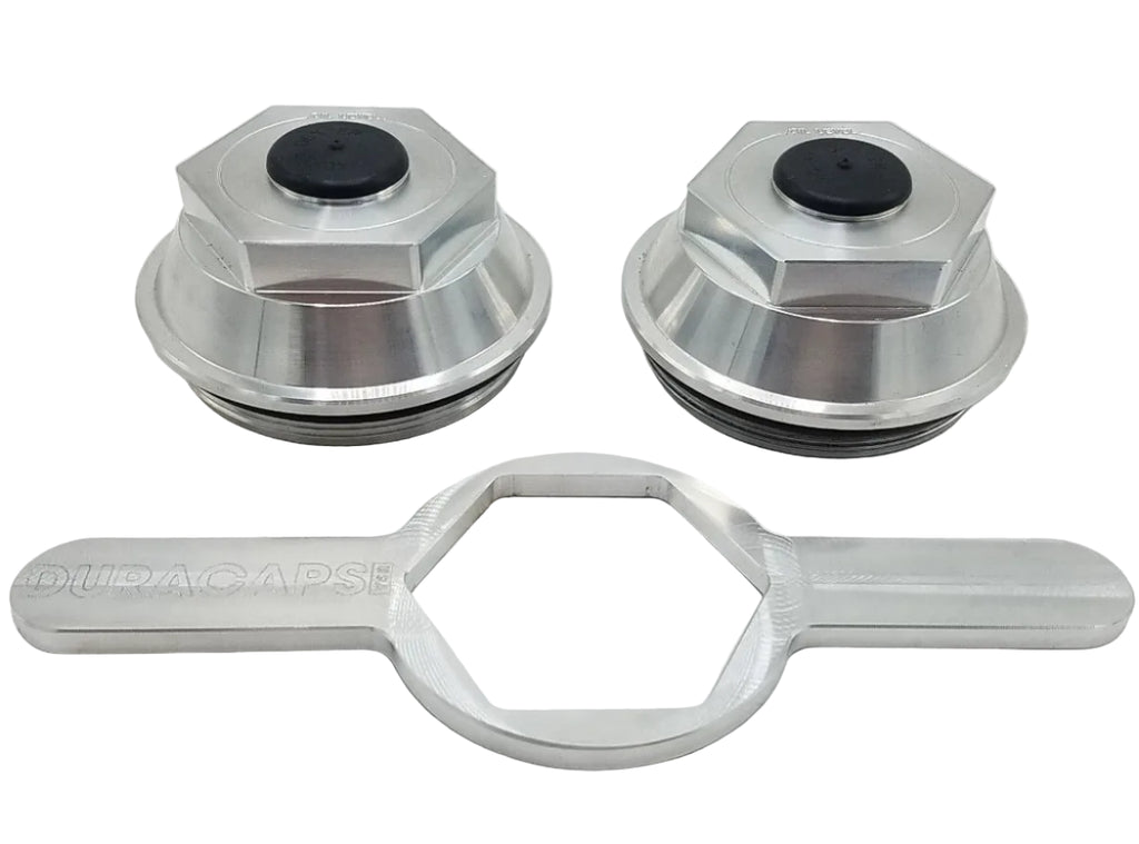 Two - Billet Aluminum Trailer Oil Bath Caps 3.5"-12 Thread with Wrench (21-88-BILLET-WRENCH-KITX2)