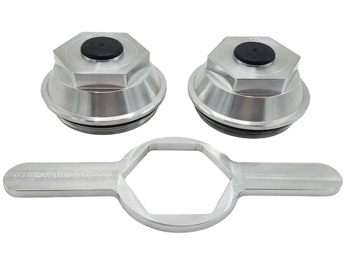 Two - Billet Aluminum Trailer Oil Bath Caps 3.5"-12 Thread with Wrench (21-88-BILLET-WRENCH-KITX2)