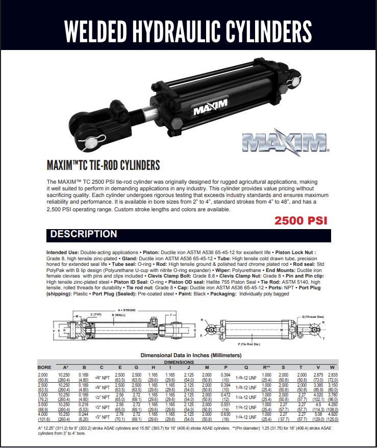 Maxim Standard-Duty Tie-Rod Hydraulic Cylinder 24" Stroke (218-343)