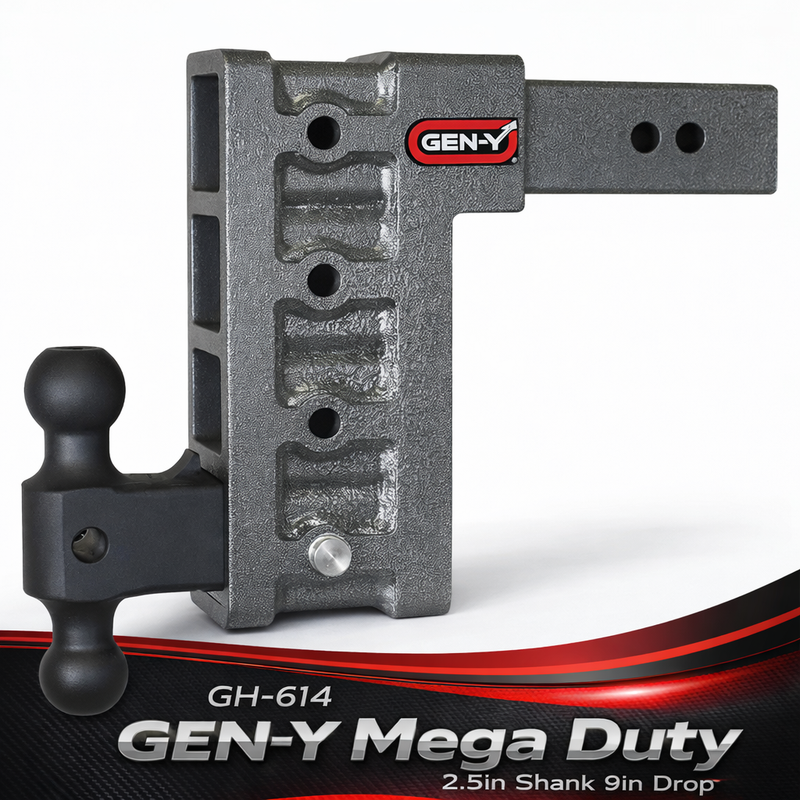 GEN-Y MEGA-DUTY 21K Adjustable Drop Hitch — 2.5" Receiver — 9" Drop — Dual Ball w/GH-061 Dual-Ball (GH-614)