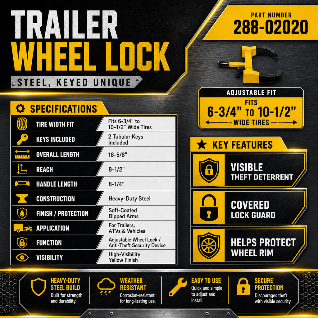 Trailer Wheel Lock, Steel, Keyed Unique, Fits 6-3/4"-10-1/2" Wide Tires - 2 Keys (288-02020)