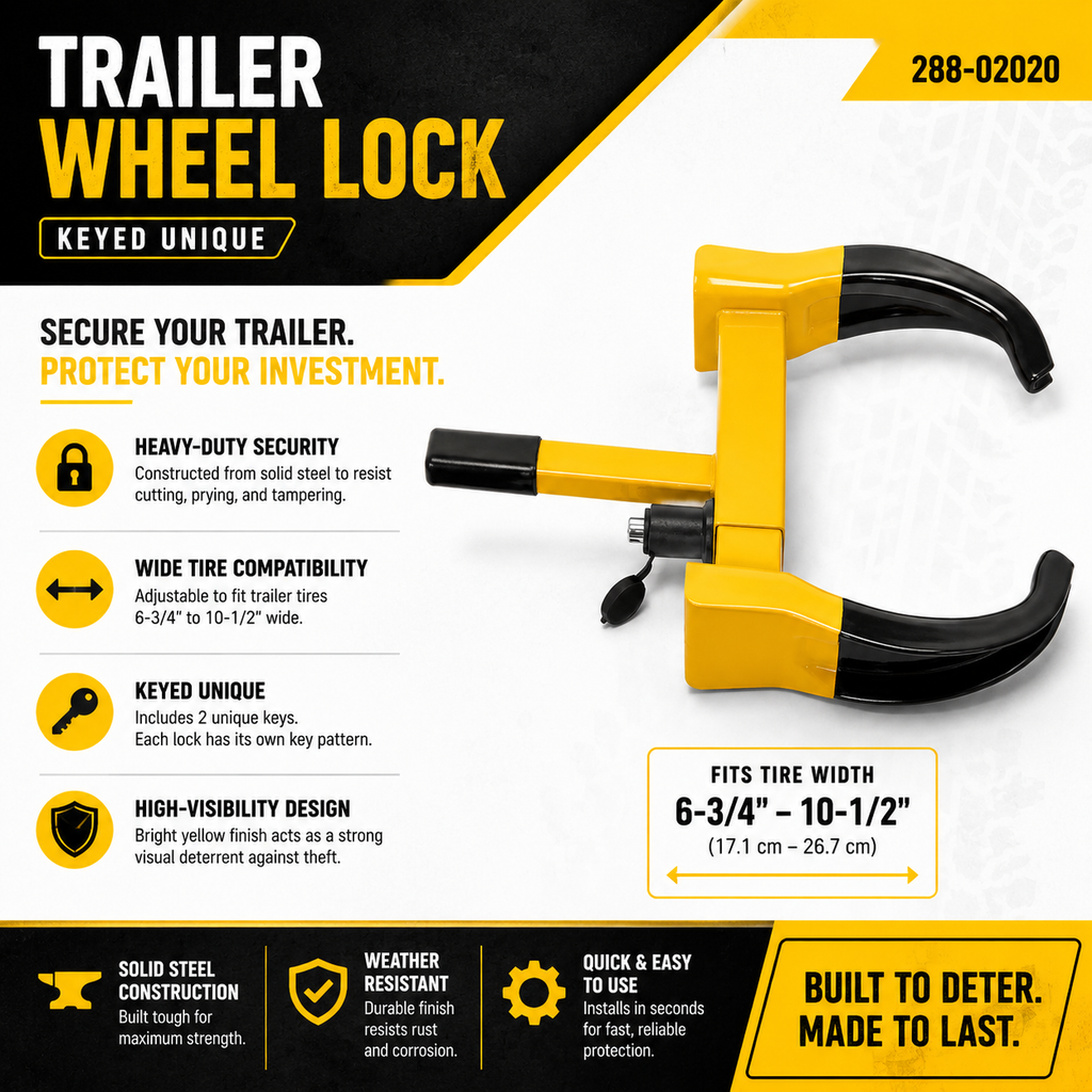 Trailer Wheel Lock, Steel, Keyed Unique, Fits 6-3/4"-10-1/2" Wide Tires - 2 Keys (288-02020)