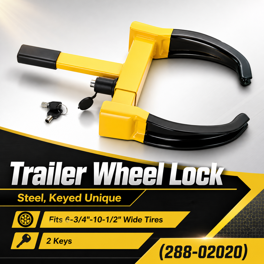 Trailer Wheel Lock, Steel, Keyed Unique, Fits 6-3/4"-10-1/2" Wide Tires - 2 Keys (288-02020)