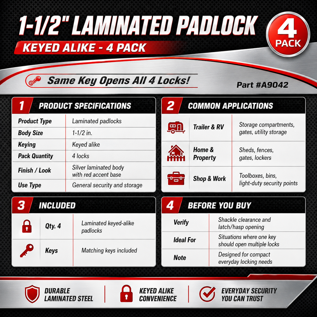 4-Pack - Laminated Steel Padlocks, 1-1/2", Keyed Alike (42065-4)