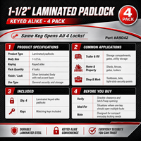 4-Pack - Laminated Steel Padlocks, 1-1/2", Keyed Alike (42065-4)