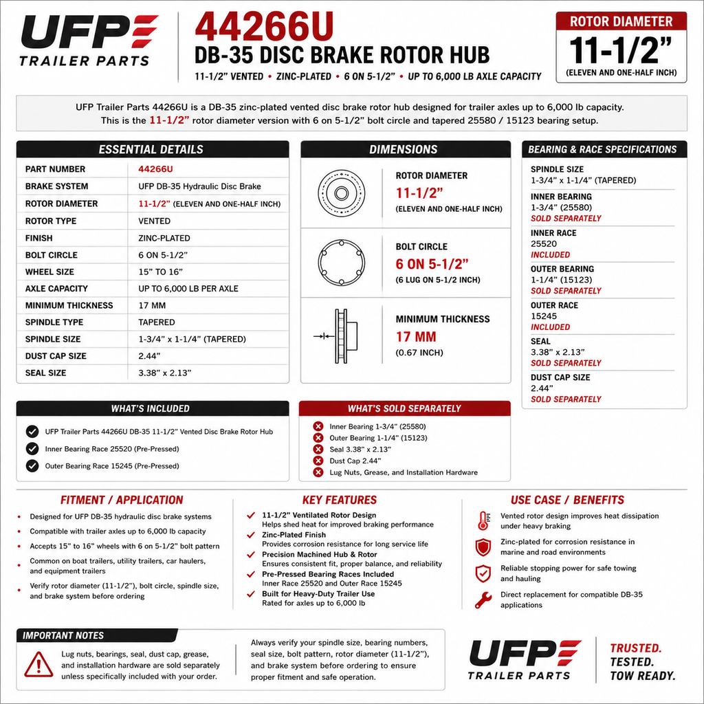 UFP Trailer Parts 44266U DB-35 11-1/2" Zinc-Plated Vented Disc Brake Rotor Hub · 6 on 5.5" · 6,000 lb Axles (44266U)
