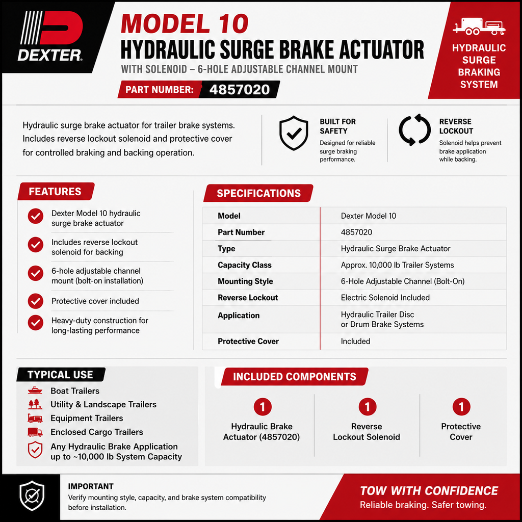 Dexter / Titan Model 10 Hydraulic Brake Actuator with Solenoid — 6-Hole Adjustable Channel Mount (4857020)
