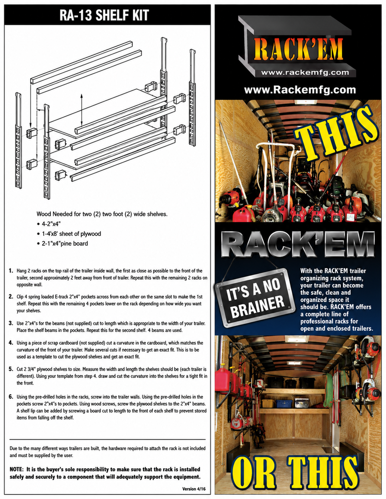 Rack'Em Adjustable Trailer Shelf Kit – 49" Brackets, E-Track Hangers & Wood Sockets (RA-13)