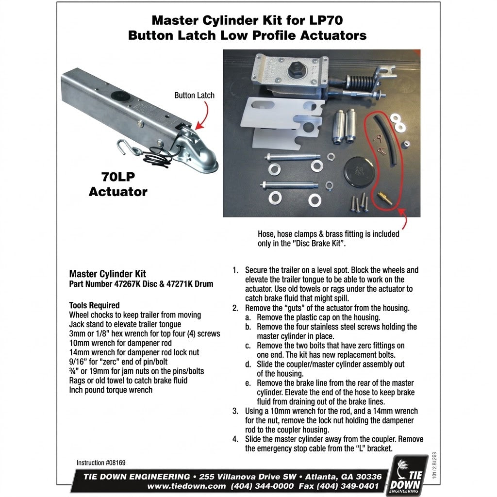 LP70 and LP75 Button Latch Drum Master Cylinder Kit Boat Trailer Axle Tie Down (TD47271K)