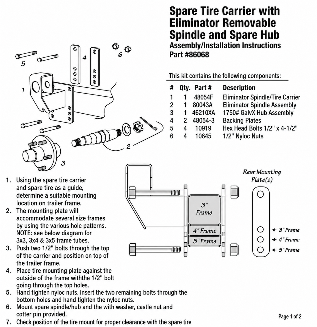 Tie Down Eliminator Spare Tire Carrier with Removable Hub and Spindle Assembly (86068)