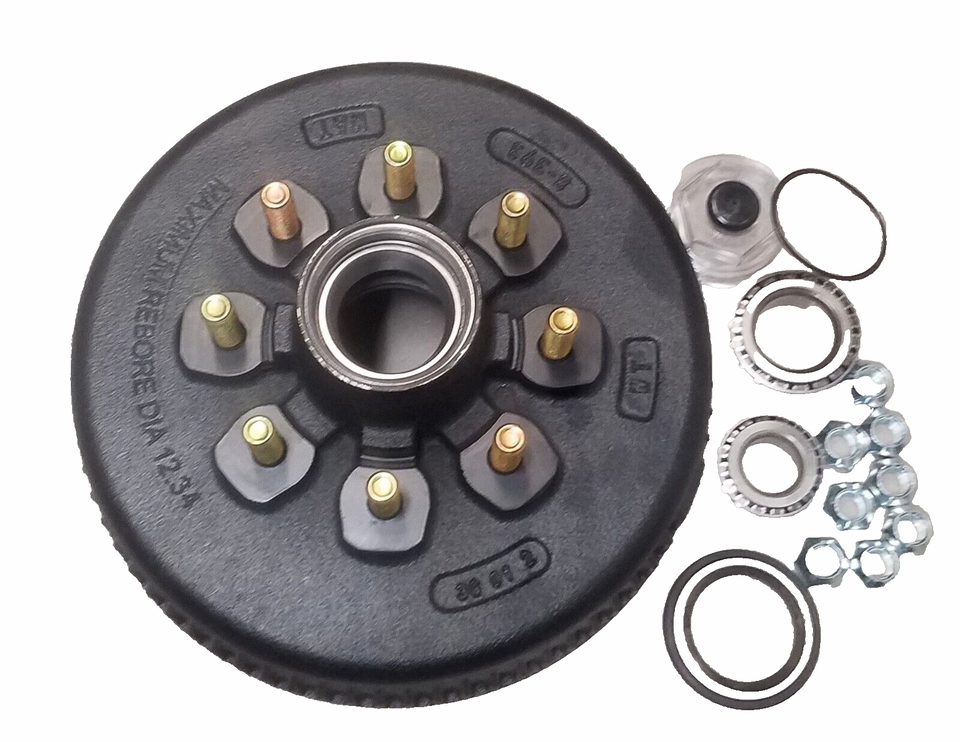 Hub Drum, 7.2K - 8K Narrow, 8 x 6.5, 5/8" Stud, 02475 Bearing, Replaces Dexter 7.2K, 7.5K, D80N, 8-393, With Bearings, Seals, and Oil Caps (99-86580-393-58-KIT)