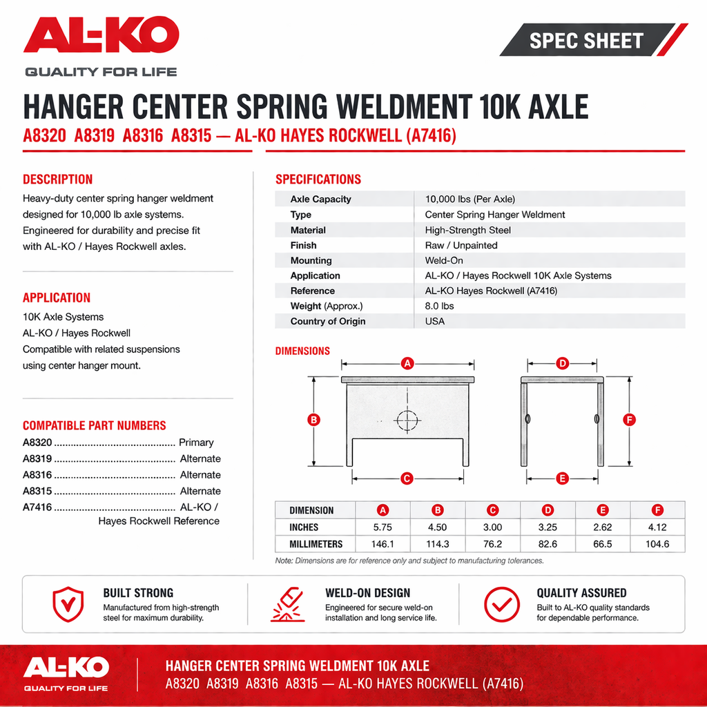 Hanger Center Spring Weldment 10K Axle — A8320 A8319 A8316 A8315 — AL-KO Hayes Rockwell (A7416)