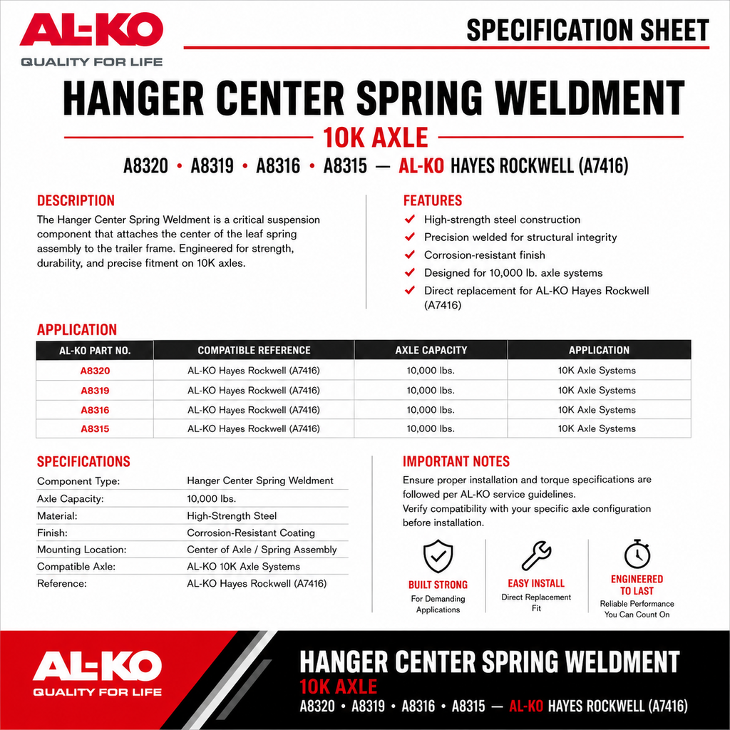 Hanger Center Spring Weldment 10K Axle — A8320 A8319 A8316 A8315 — AL-KO Hayes Rockwell (A7416)