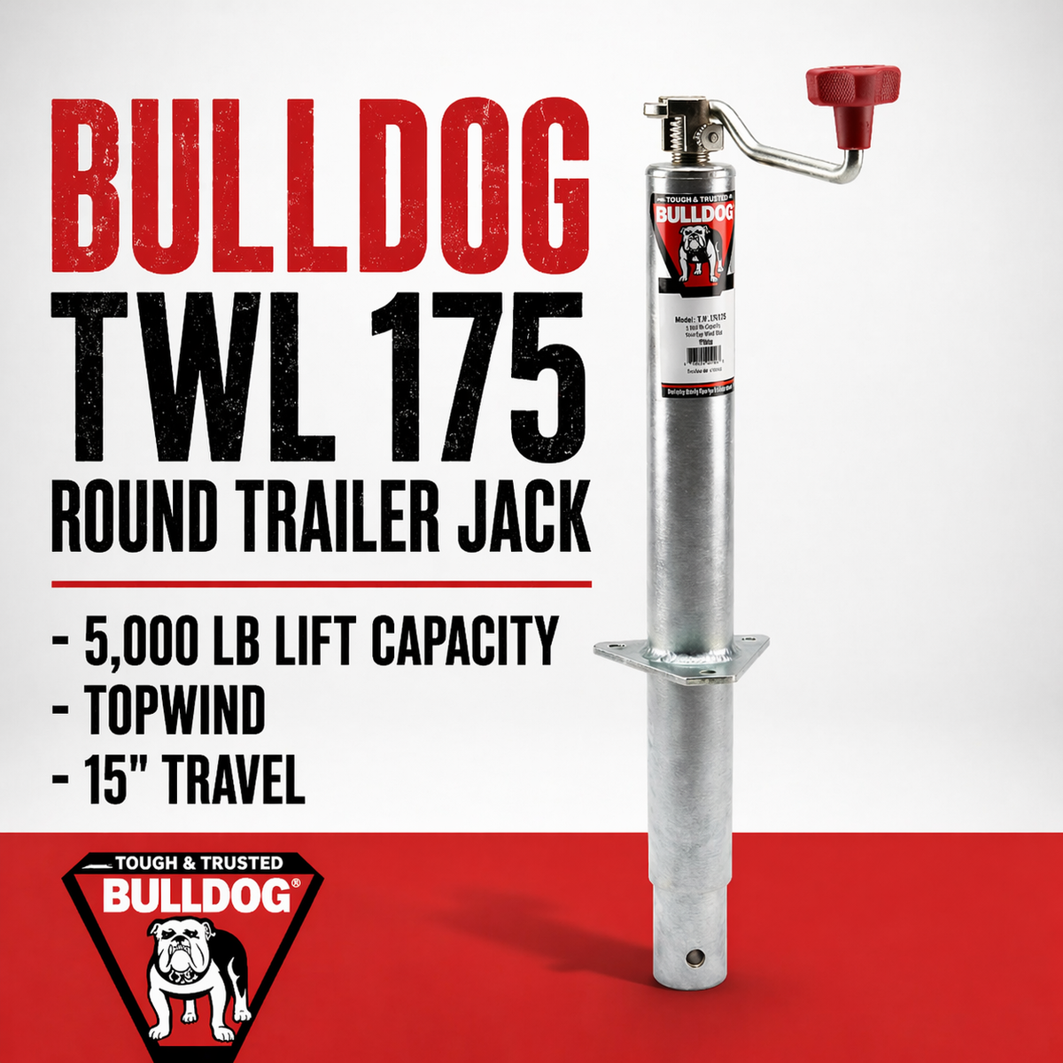 BULLDOG TWL 175 Round Trailer Jack - 5,000 lb Lift Capacity - Topwind - 15" Travel (BD1750290301)