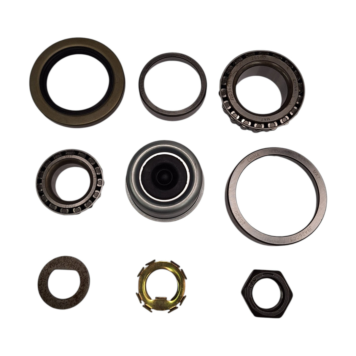 Trailer Wheel Bearing Kit for 6,000 lbs Axles – Includes 25580 Inner Bearing, 15123 Outer Bearing, Races, 2.25" x 3.38" Grease Seal, Dust Cap & Hardware (BK3-100-DEX)