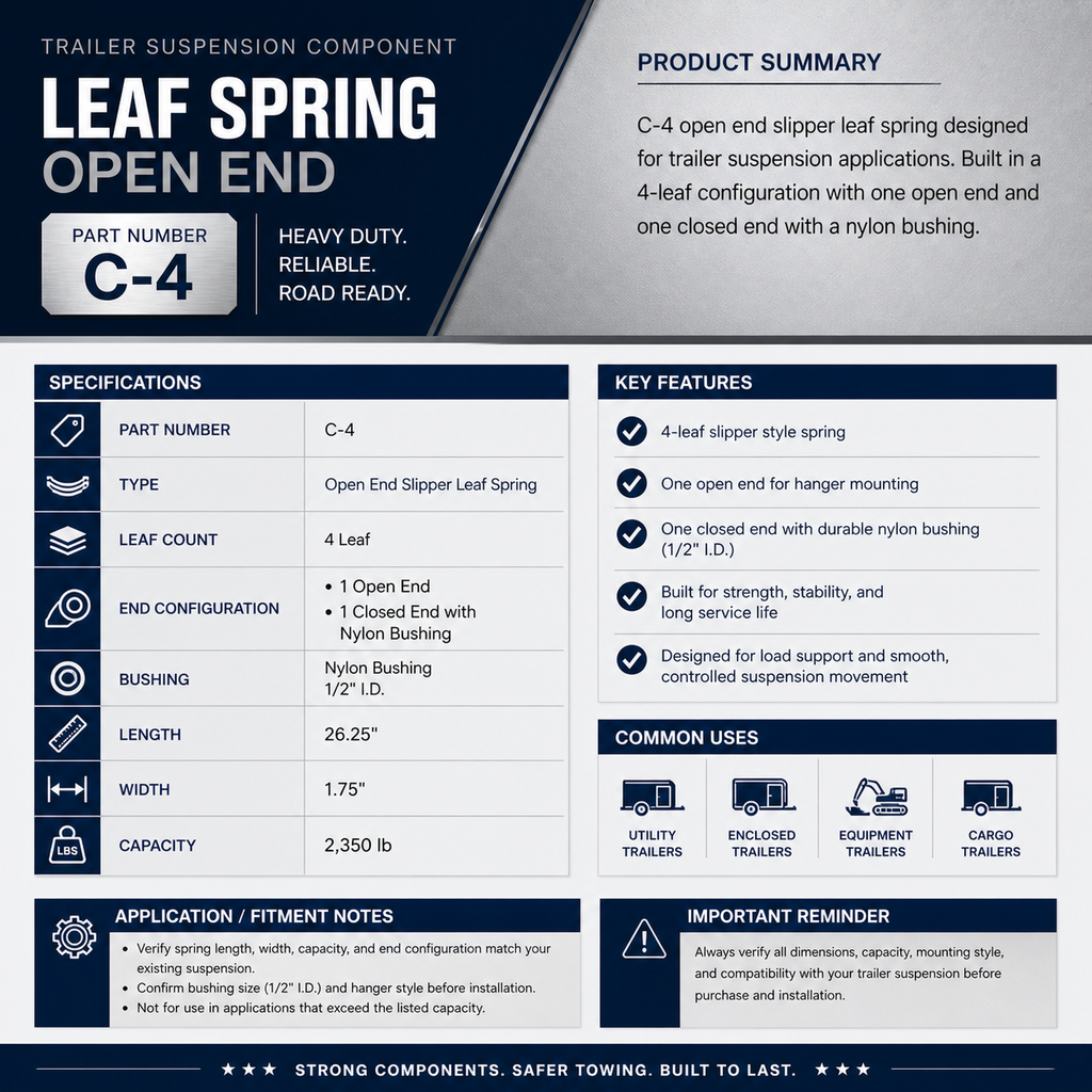 Leaf Spring Open End | 4-Leaf Slipper Trailer Spring 26.25" Long 2,350 lb Capacity (C-4)