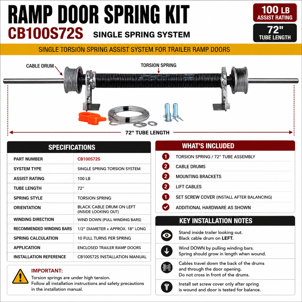 Ramp Door Spring Kit - Single Spring 100lb Assist with 72" Tube (CB100S72S)