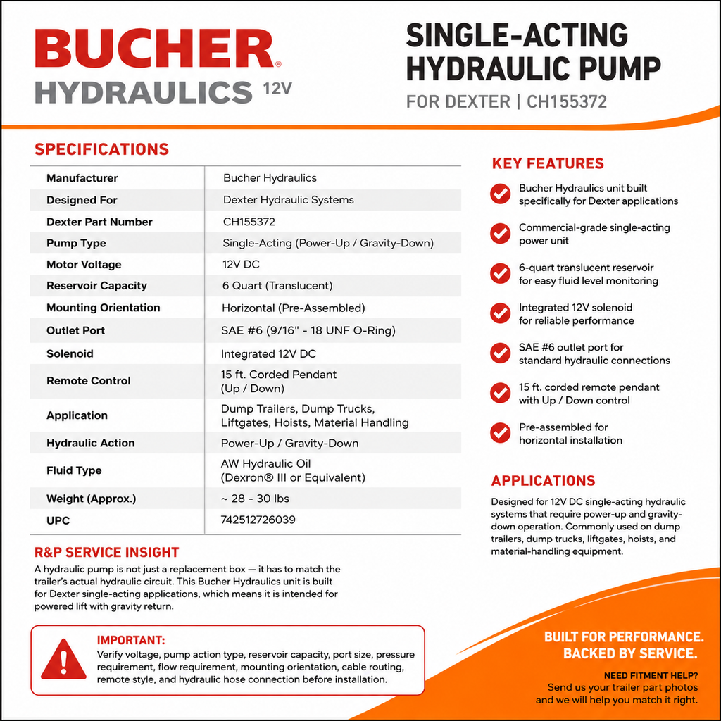 Bucher Hydraulics 12V Single-Acting Hydraulic Pump for Dexter (CH155372)