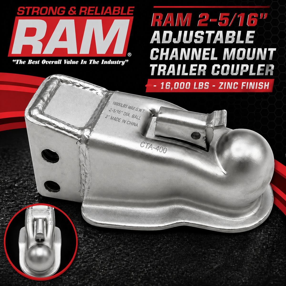 RAM 2-5/16" Adjustable Channel Mount Trailer Coupler - 16,000 lbs - Zinc Finish (CTA-400-Z)