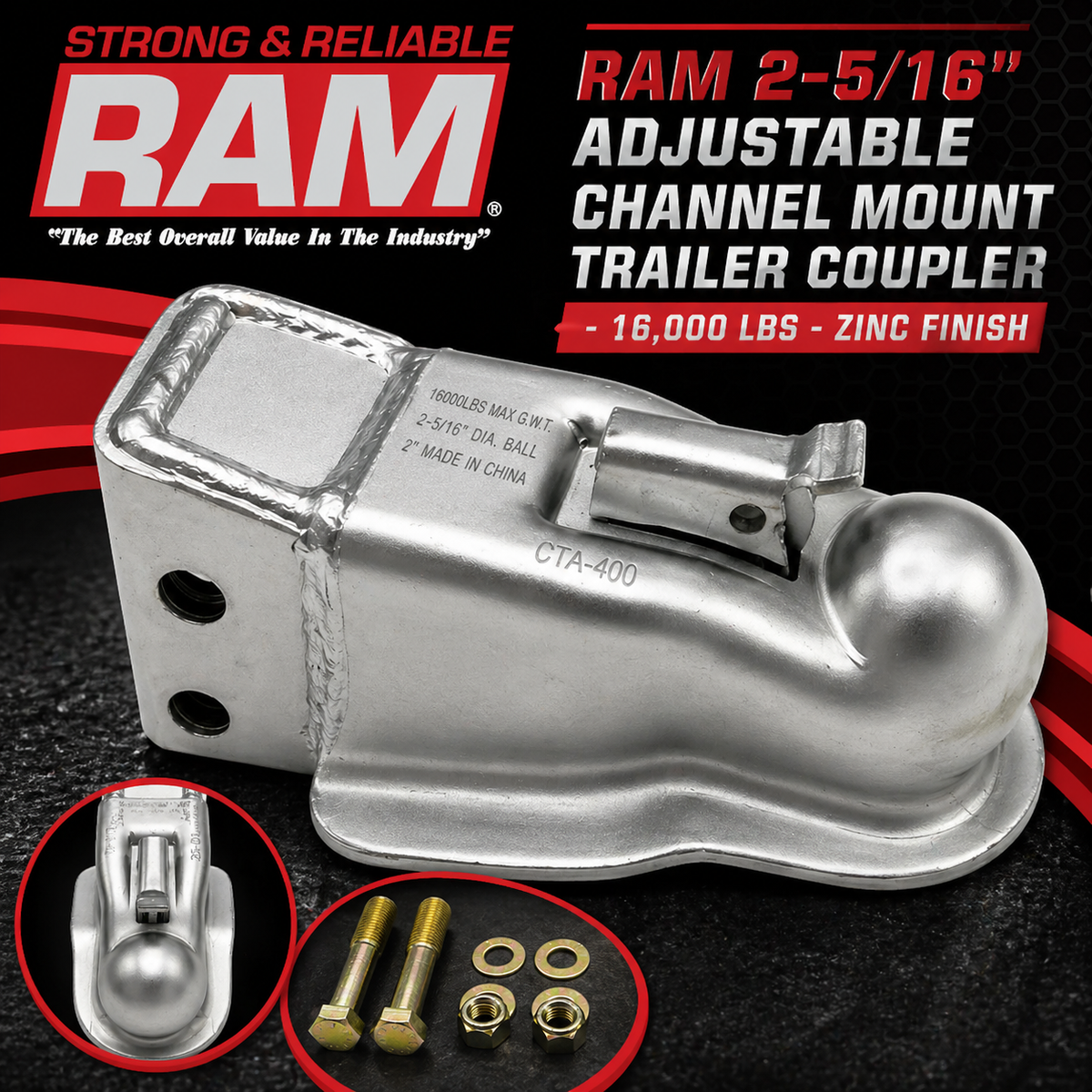 RAM 2-5/16" Adjustable Channel Mount Trailer Coupler - 16,000 lbs - Zinc Finish (CTA-400-Z-KIT)