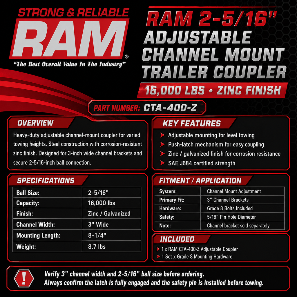 RAM 2-5/16" Adjustable Channel Mount Trailer Coupler - 16,000 lbs - Zinc Finish (CTA-400-Z-KIT)