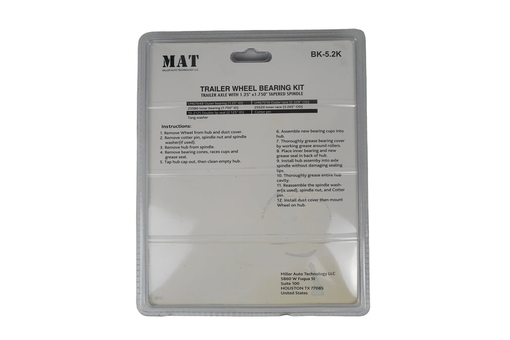 MAT Trailer Wheel Bearing Kit 5,200# Axle W/1.25" X 1.750" Tapered Spindle (BEK-5.2K)