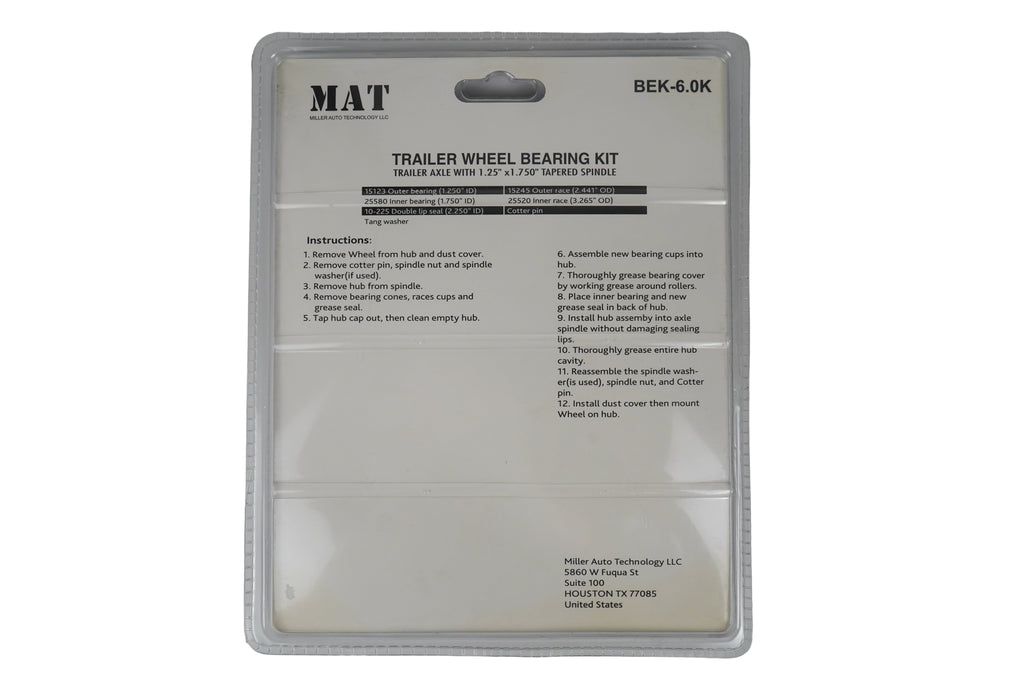 MAT Trailer Wheel Bearing Kit 6,000# Axle W/1.25" X 1.750" Tapered Spindle (BEK-6.0K)
