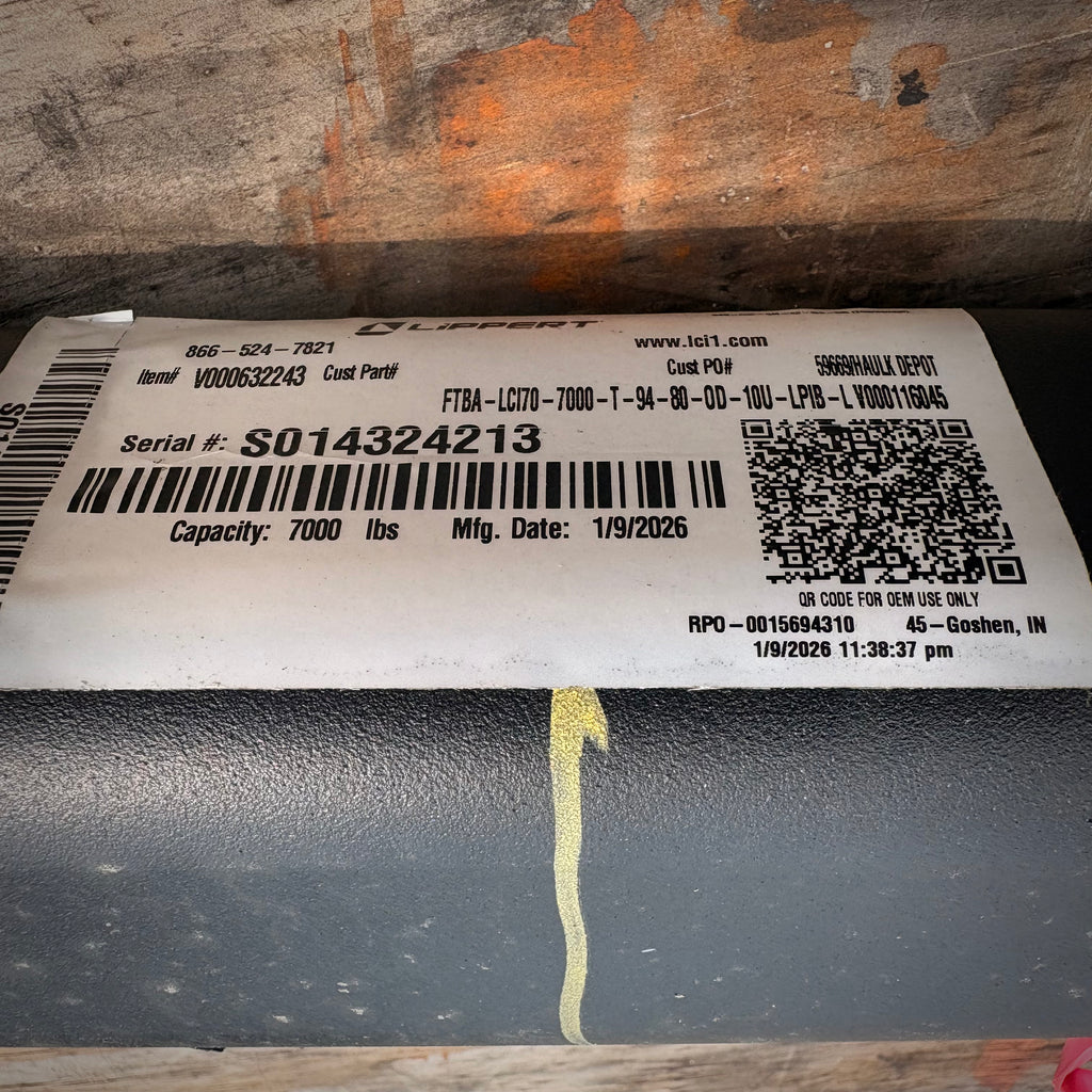 NEW 7,000 lb Square Torsion Axle Beam - 94" HF - 80" OB - 10° Up - U-Lube Inboard Beam Only