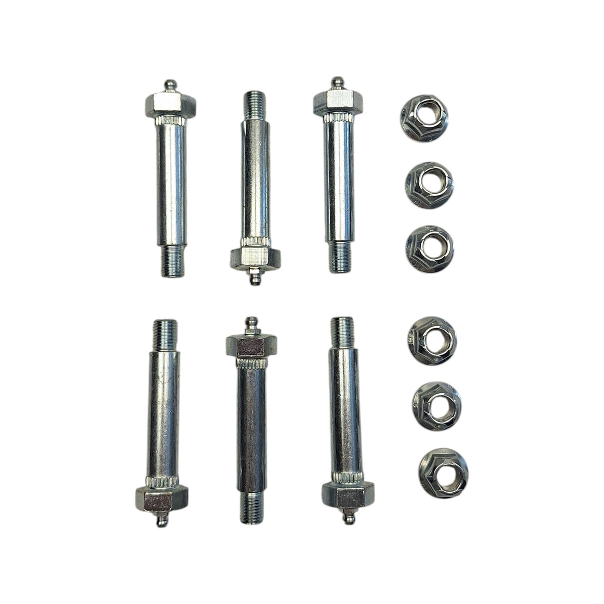 Six - 0.56" x 3" Wet Bolts with 7/16" (0.44") Step-Down Thread, Hex Head Greaseable Bolts & FA-6-92Z Nuts for Trailer Suspension (FA-7-187-KITX6)