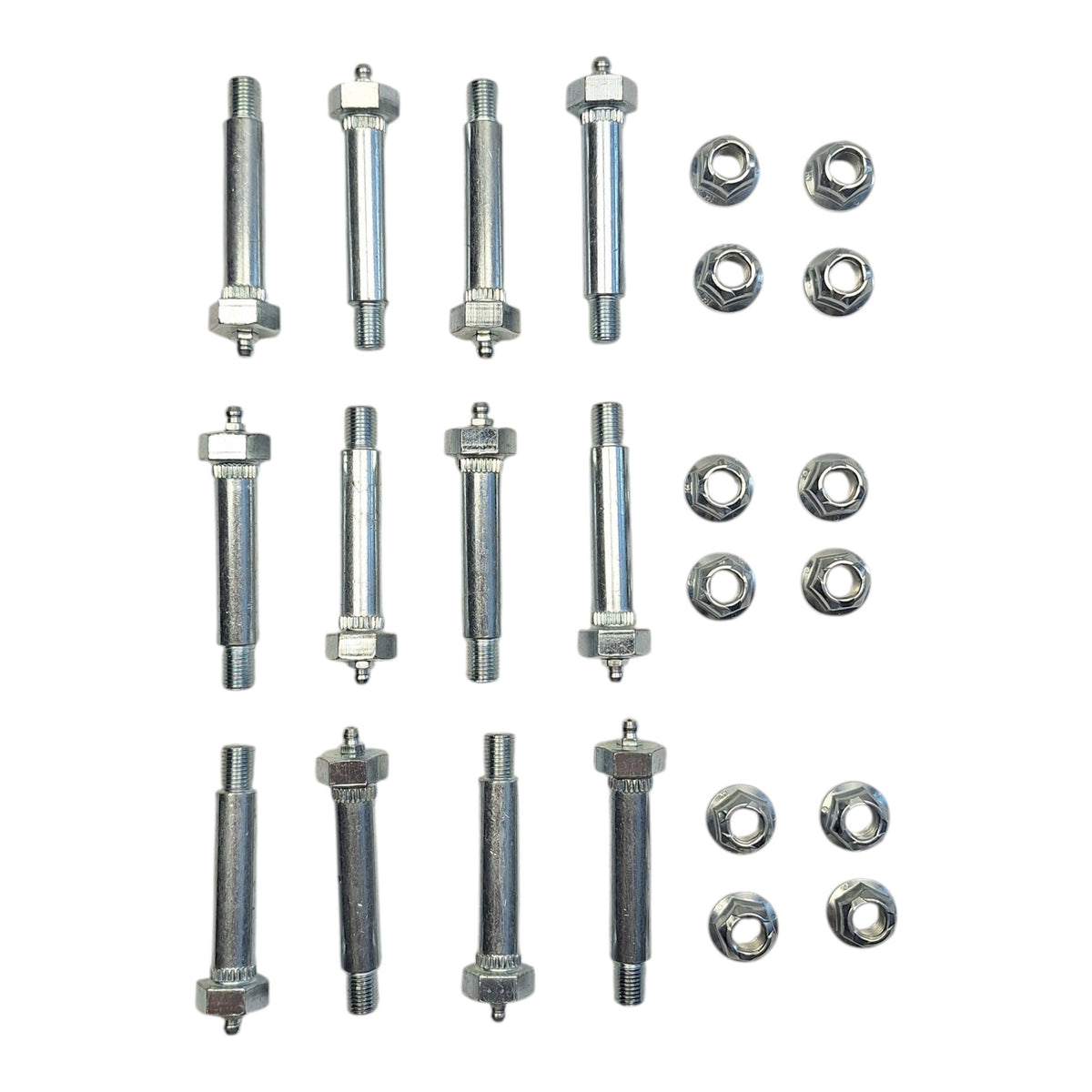 Twelve - 0.56" x 3" Wet Bolts with 7/16" (0.44") Step-Down Thread, Hex Head Greaseable Bolts & FA-6-92Z Nuts for Trailer Suspension (FA-7-187-KITX12)