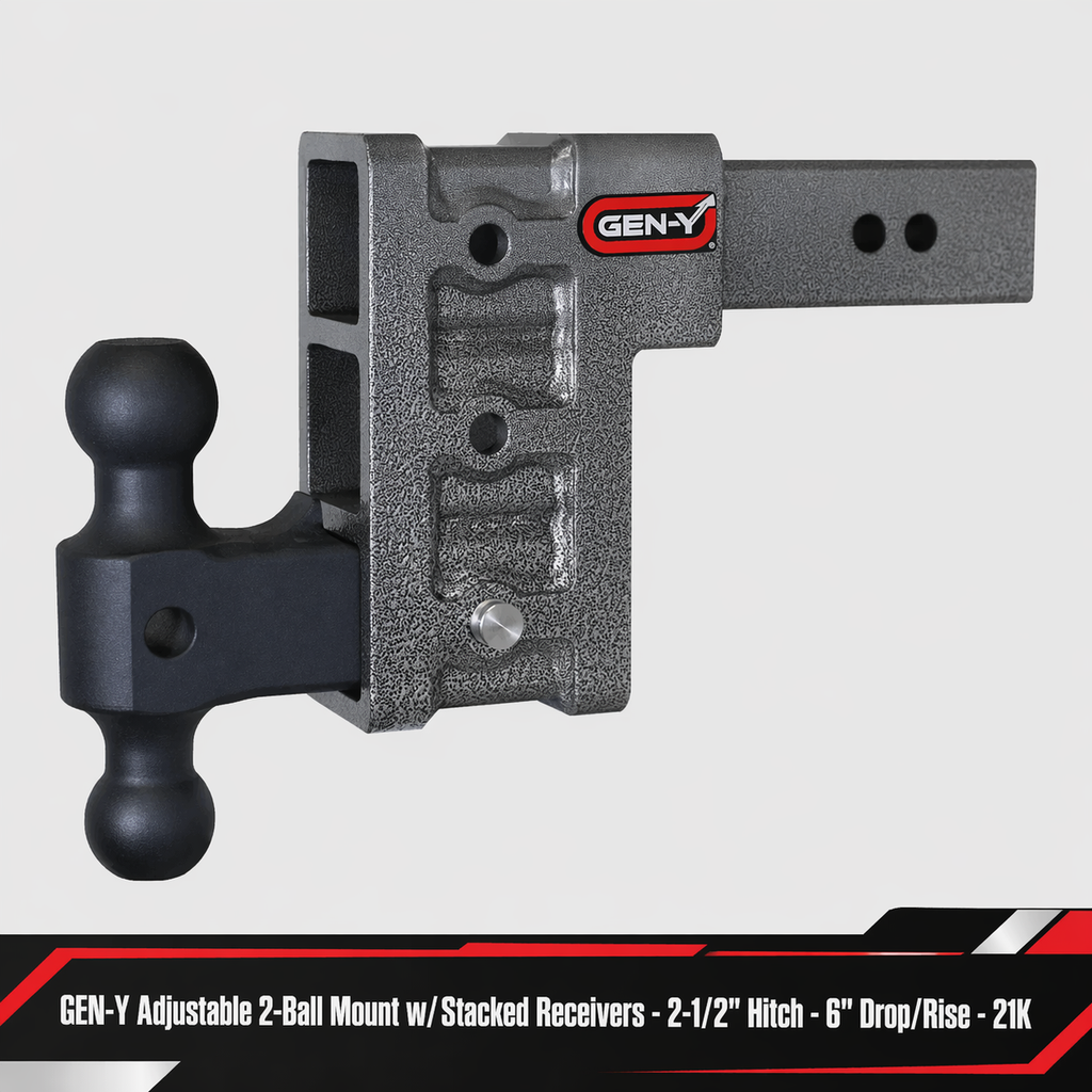 GEN-Y Adjustable 2-Ball Mount w/ Stacked Receivers - 2-1/2" Hitch - 6" Drop/Rise - 21K (GH-613)