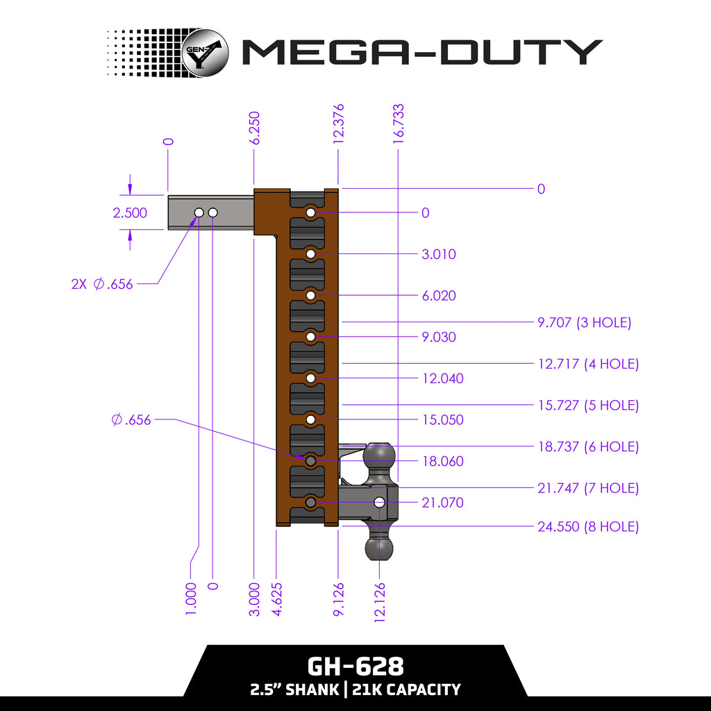 GEN-Y Adjustable 2-Ball Mount w/ Stacked Receivers - 2-1/2" Hitch - 6" Drop/Rise - 21K (GH-613)