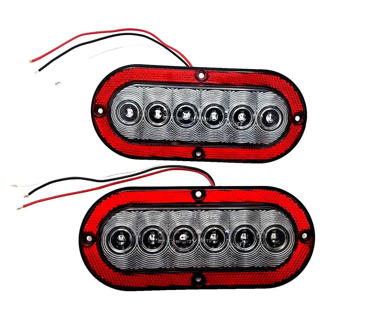 (2) Surface Mount Flat 6" Oval LED Stop / Tail / Turn Lights Clear Lens – Red 6 Diode – Red Reflective  (J-656-FRCX-X2)