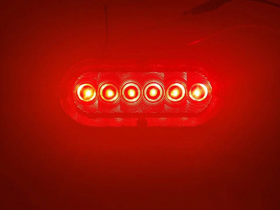 (2) Surface Mount Flat 6" Oval LED Stop / Tail / Turn Lights Clear Lens – Red 6 Diode – Red Reflective  (J-656-FRCX-X2)