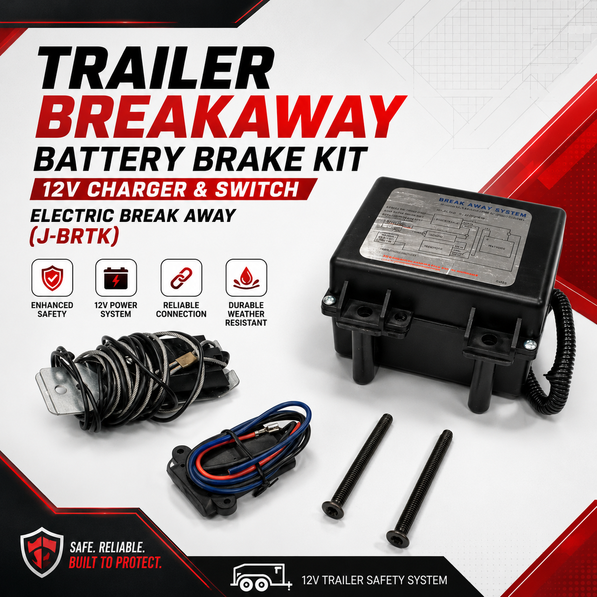 Trailer Breakaway Battery Brake Kit 12V Charger & Switch Electric Break Away (J-BRTK)