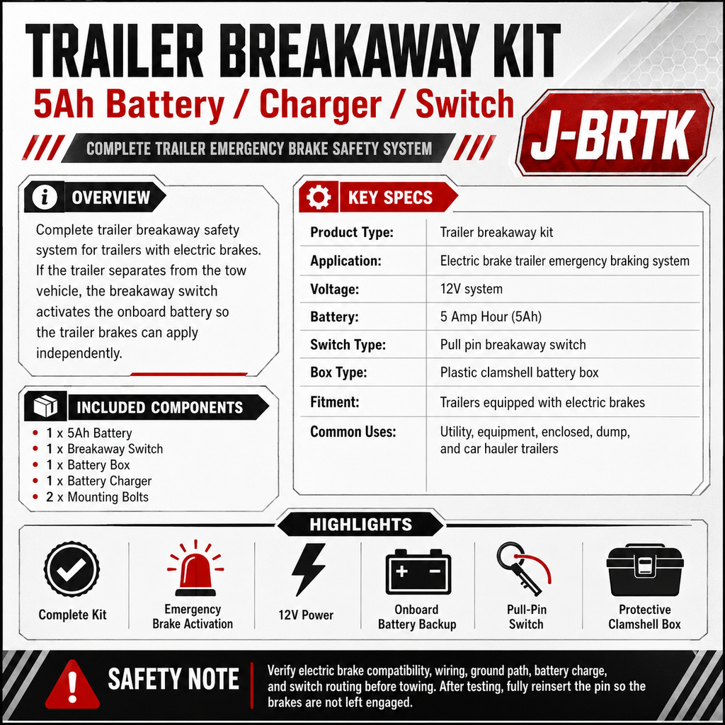 Trailer Breakaway Battery Brake Kit 12V Charger & Switch Electric Break Away (J-BRTK)