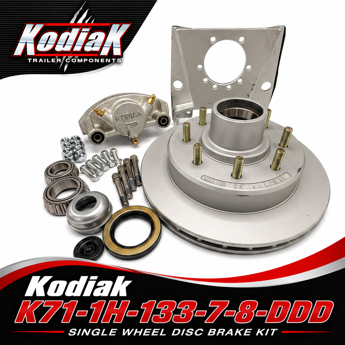 Dexter Kodiak Single Wheel Disc Brake Kit with Integrated Hub Rotor and 250 Caliper (K71-133-7-8-DDD-1W)